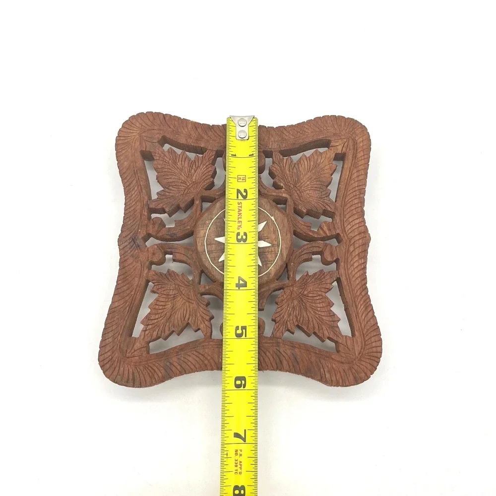 Vintage Hand Carved Wood Trivet India Leaf Design Inlay Footed‎ Hot Pad 6in